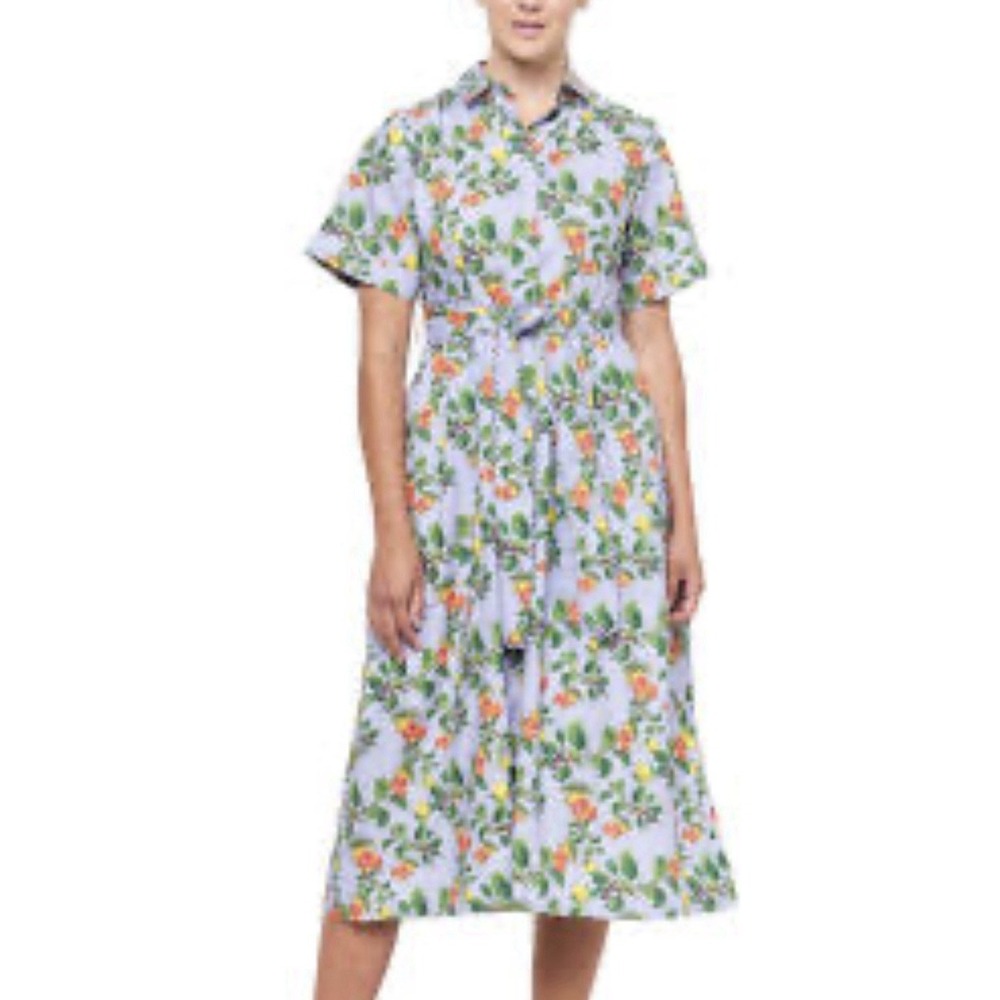 Emily Lovelock Amelia Shirt Dress Women's Size Large Lavender Midi Floral Fruit